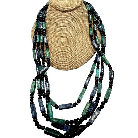 Multi Strand Boho Blue Green Boho Necklace Rectangle Shape Acrylic Beads - Picture 2 of 9